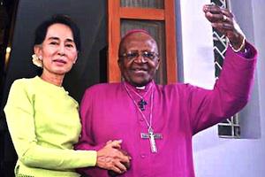 Picture: Aung San Suu Kyi and Archbishop Desmond Tutu in Myanmar in February 2013. Tutu has called the condition of Myanmar