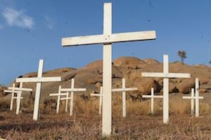 Picture: Crosses planted at the foot of the infamous Koppie in Marikana in memoriam of the miners killed, courtesy destiny.com.